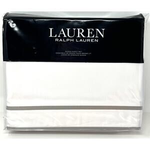 Ralph Lauren Spencer Border Sateen Queen Sheet Set White Grey Gray 4 Pcs. NIP